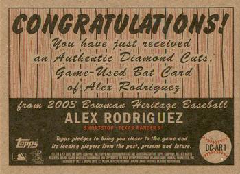 2003 Bowman Heritage - Diamond Cuts Relics #DC-AR1 Alex Rodriguez Back
