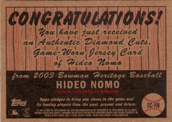 2003 Bowman Heritage - Diamond Cuts Relics #DC-HN Hideo Nomo Back