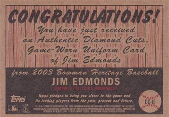 2003 Bowman Heritage - Diamond Cuts Relics #DC-JE Jim Edmonds Back