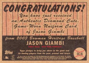 2003 Bowman Heritage - Diamond Cuts Relics #DC-JG Jason Giambi Back