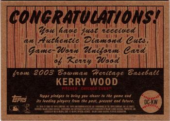 2003 Bowman Heritage - Diamond Cuts Relics #DC-KW Kerry Wood Back