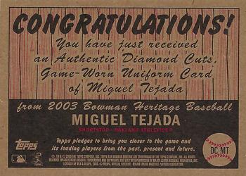 2003 Bowman Heritage - Diamond Cuts Relics #DC-MT Miguel Tejada Back