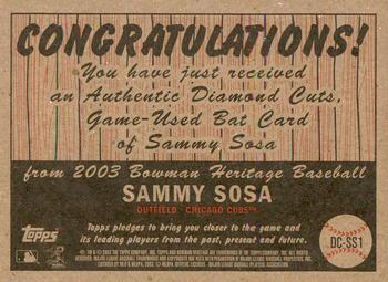 2003 Bowman Heritage - Diamond Cuts Relics #DC-SS1 Sammy Sosa Back