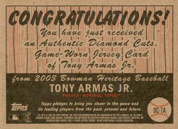 2003 Bowman Heritage - Diamond Cuts Relics #DC-TA Tony Armas Jr. Back