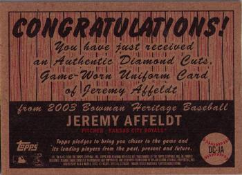2003 Bowman Heritage - Diamond Cuts Relics #DC-JA Jeremy Affeldt Back