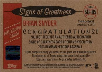 2003 Bowman Heritage - Signs of Greatness #SG-BS Brian Snyder Back