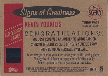 2003 Bowman Heritage - Signs of Greatness #SG-KY Kevin Youkilis Back