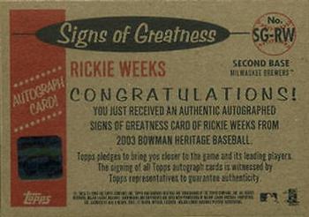 2003 Bowman Heritage - Signs of Greatness #SG-RW Rickie Weeks Back