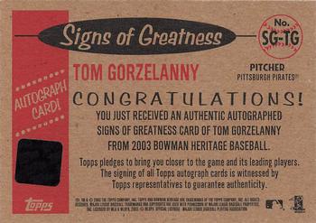 2003 Bowman Heritage - Signs of Greatness #SG-TG Tom Gorzelanny Back