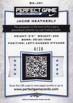 2016 Leaf Metal Perfect Game All-American - Metal Autographs Green Prismatic #BA-JH1 Jacob Heatherly Back