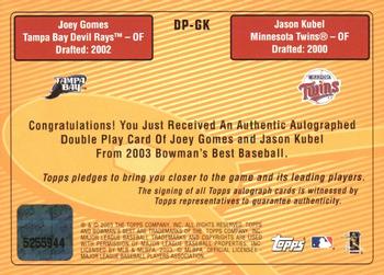 2003 Bowman's Best - Double Play Autographs #GK Joey Gomes / Jason Kubel Back