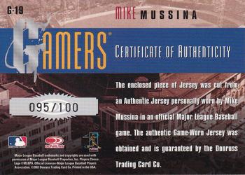 2003 Donruss/Leaf/Playoff (DLP) Rookies & Traded - Gamers Position #G-19 Mike Mussina Back