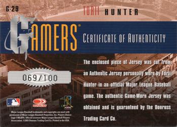 2003 Donruss/Leaf/Playoff (DLP) Rookies & Traded - Gamers Position #G-29 Torii Hunter Back