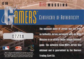 2003 Donruss/Leaf/Playoff (DLP) Rookies & Traded - Gamers Rewards #G-19 Mike Mussina Back