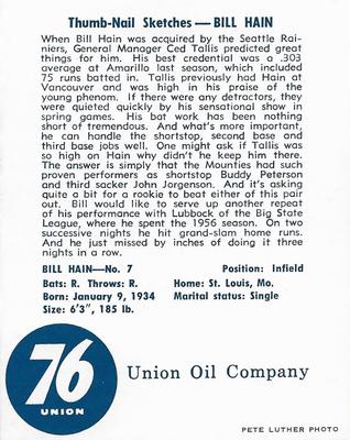 1960 Union Oil Seattle Rainiers #7 Bill Hain Back
