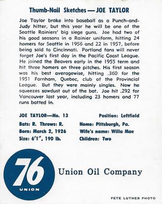 1960 Union Oil Seattle Rainiers #13 Joe Taylor Back