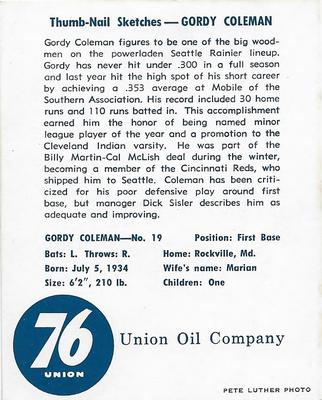 1960 Union Oil Seattle Rainiers #19 Gordy Coleman Back