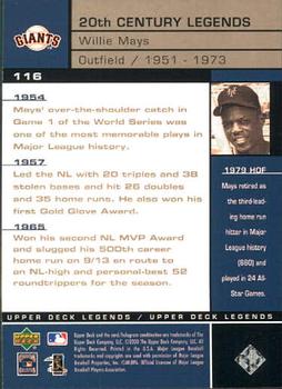 2000 Upper Deck Legends #116 Willie Mays Back
