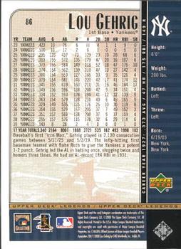 2000 Upper Deck Legends #86 Lou Gehrig Back