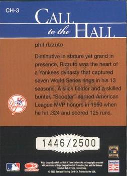 2003 Donruss Champions - Call to the Hall #CH-3 Phil Rizzuto Back