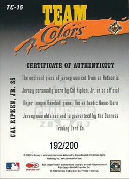 2003 Donruss Champions - Team Colors Materials #TC-15 Cal Ripken, Jr. Back