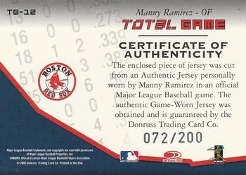 2003 Donruss Champions - Total Game Materials #TG-12 Manny Ramirez Back