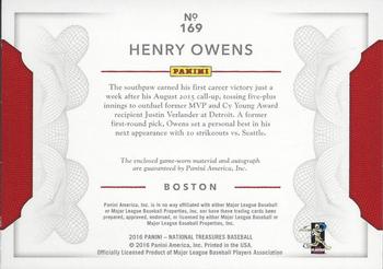 2016 Panini National Treasures - Rookie Materials Signatures Purple #169 Henry Owens Back