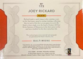 2016 Panini National Treasures - Rookie Materials Signatures Green #173 Joey Rickard Back