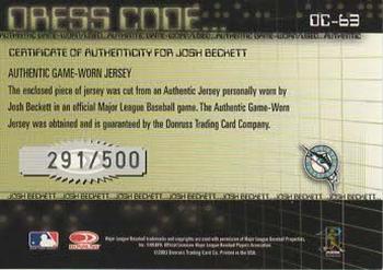 2003 Donruss Classics - Dress Code #DC-63 Josh Beckett Back