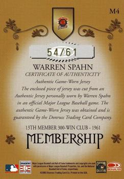 2003 Donruss Classics - Membership VIP Memorabilia #M4 Warren Spahn Back