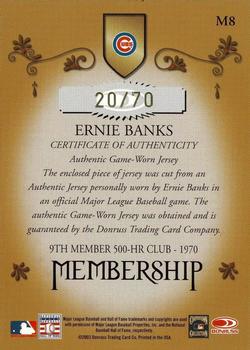 2003 Donruss Classics - Membership VIP Memorabilia #M8 Ernie Banks Back