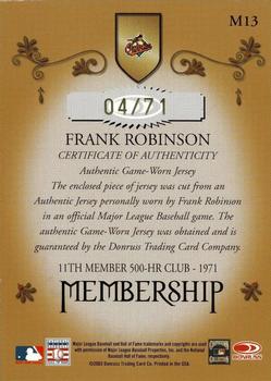 2003 Donruss Classics - Membership VIP Memorabilia #M13 Frank Robinson Back