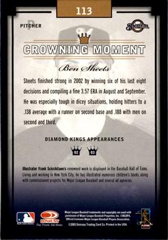 2003 Donruss Diamond Kings - Framed White (Bronze Foil) #113 Ben Sheets Back