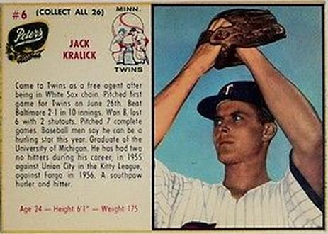 1961 Peters Meats Minnesota Twins #6 Jack Kralick Front