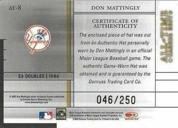 2003 Donruss Elite - All-Time Career Best Materials #AT-8 Don Mattingly Back