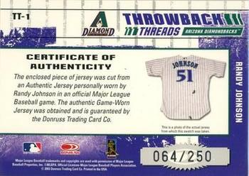 2003 Donruss Elite - Throwback Threads #TT-1 Randy Johnson  Back