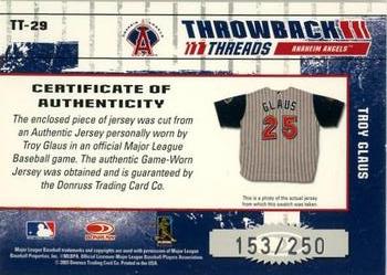 2003 Donruss Elite - Throwback Threads #TT-29 Troy Glaus Back