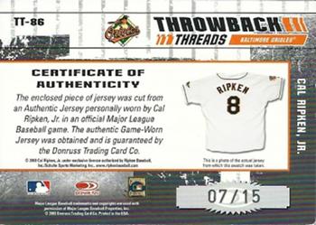 2003 Donruss Elite - Throwback Threads Autographs #86 Cal Ripken Jr. Back