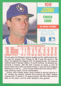 1990 Score #108 Chuck Crim Back