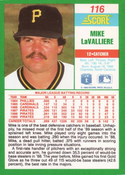 1990 Score #116 Mike LaValliere Back