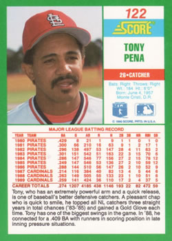 1990 Score #122 Tony Pena Back