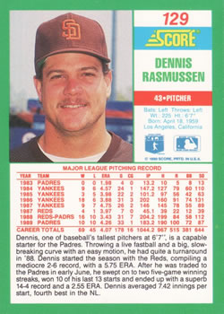 1990 Score #129 Dennis Rasmussen Back