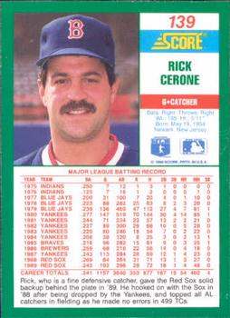 1990 Score #139 Rick Cerone Back