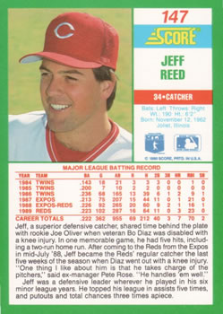 1990 Score #147 Jeff Reed Back