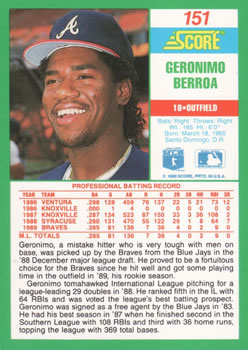 1990 Score #151 Geronimo Berroa Back