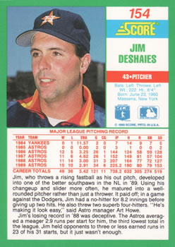 1990 Score #154 Jim Deshaies Back