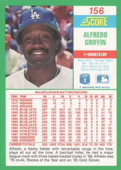 1990 Score #156 Alfredo Griffin Back