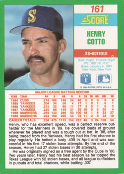 1990 Score #161 Henry Cotto Back