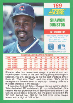 1990 Score #169 Shawon Dunston Back