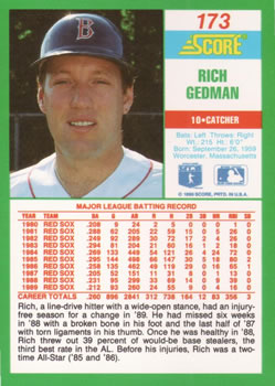 1990 Score #173 Rich Gedman Back